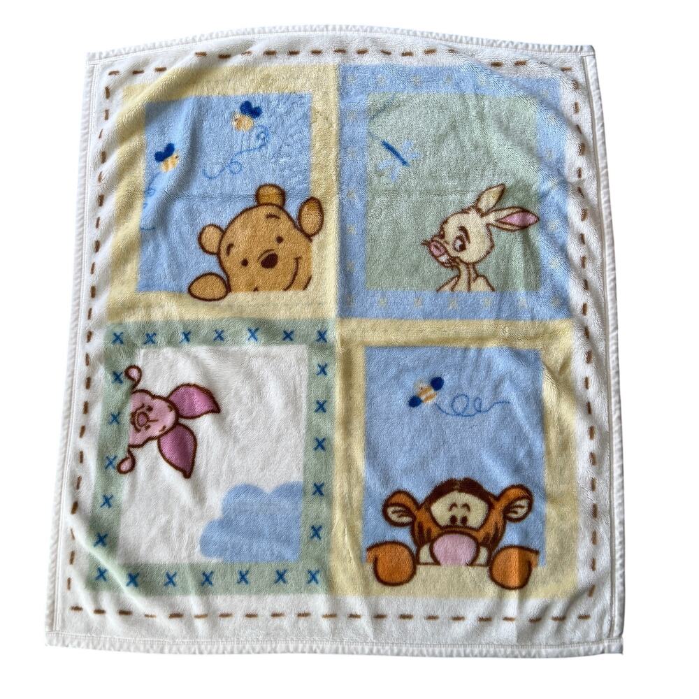 VTG Disney Winnie The Pooh Peeking Faces Plush Luxe Baby Blanket Crib 39" x 35"